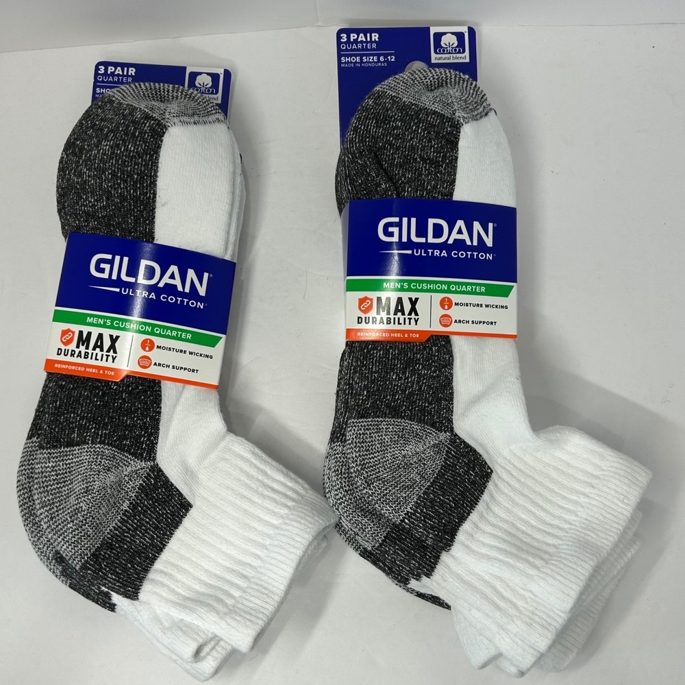 6 Pair Gildan Ultra Cotton Mens Cushion Quarter Socks White Grey Shoe Size 6-12
